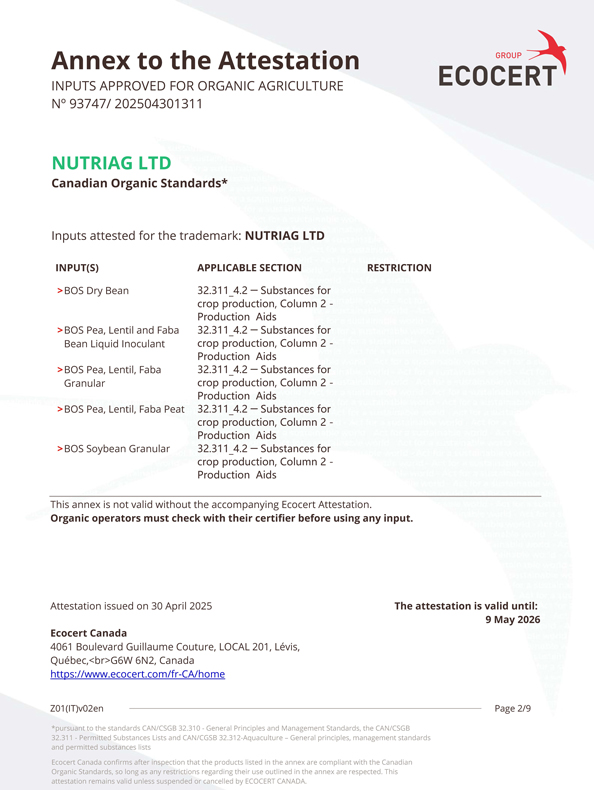 Ecocert Canada Input Intrant Attestation COS PRODUCT - Valid till 9th April 2025